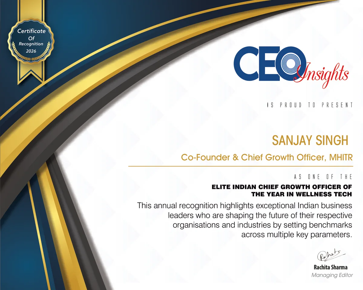 Certificate of Recognition naming Sanjay Singh Elite Indian Chief Growth Officer of the Year in Wellness Tech, 2026