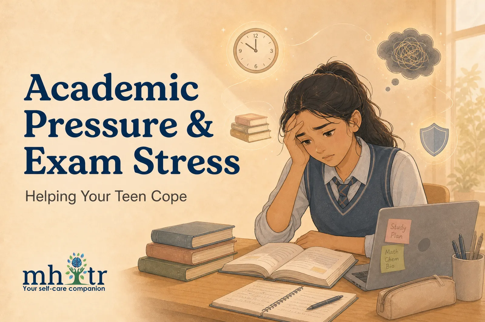 Illustration of a teenage student resting her head on one hand while studying at a desk stacked with books, a laptop and a study plan — academic pressure and exam stress — MHITR article