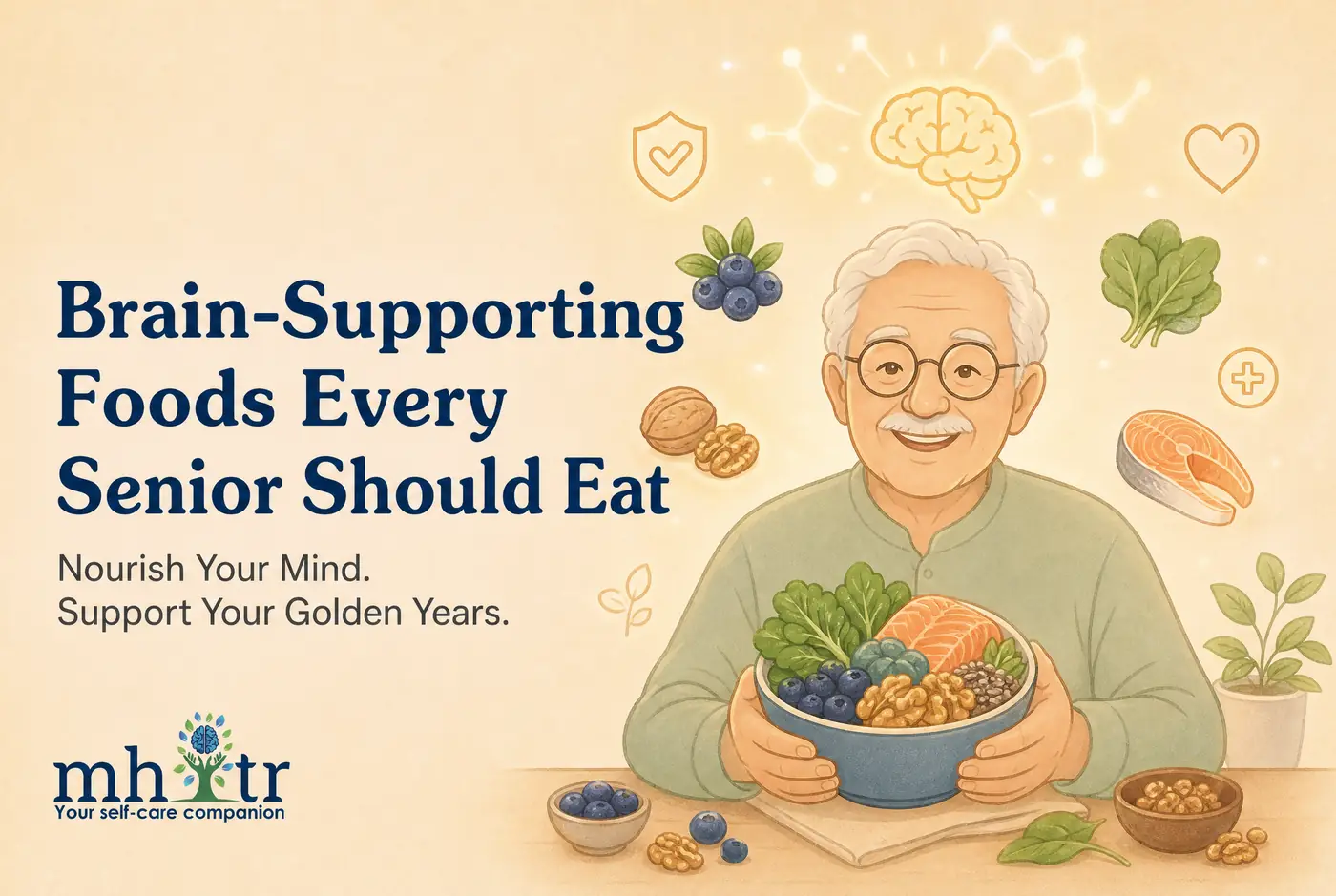 Older adult holding a bowl of leafy greens, fish, walnuts and berries beneath a glowing brain motif — brain-supporting foods for seniors — MHITR article