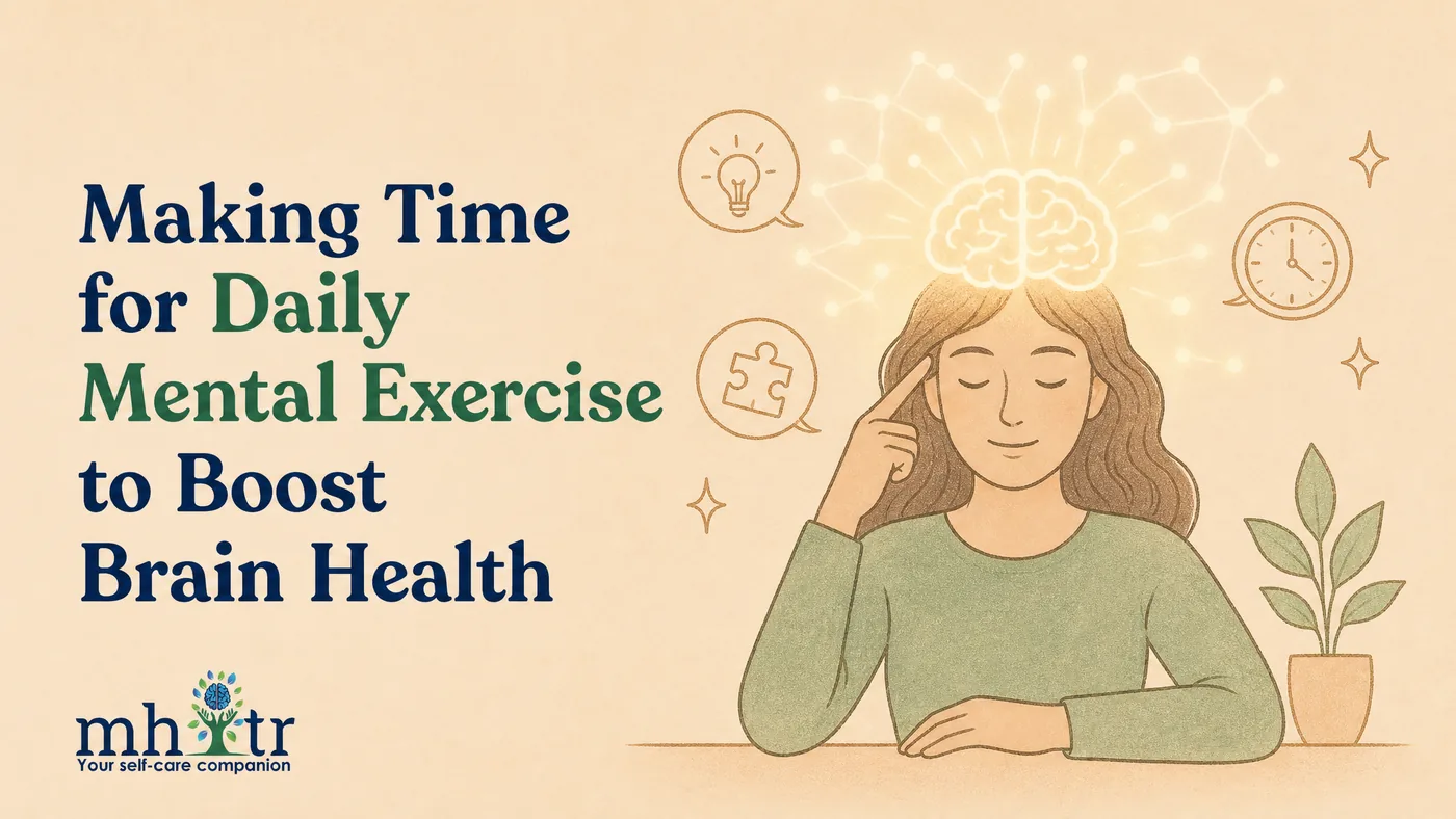 Making Time for Daily Mental Exercise to Boost Brain Health — illustration of a woman thinking with a glowing brain, puzzle, lightbulb and clock icons around her