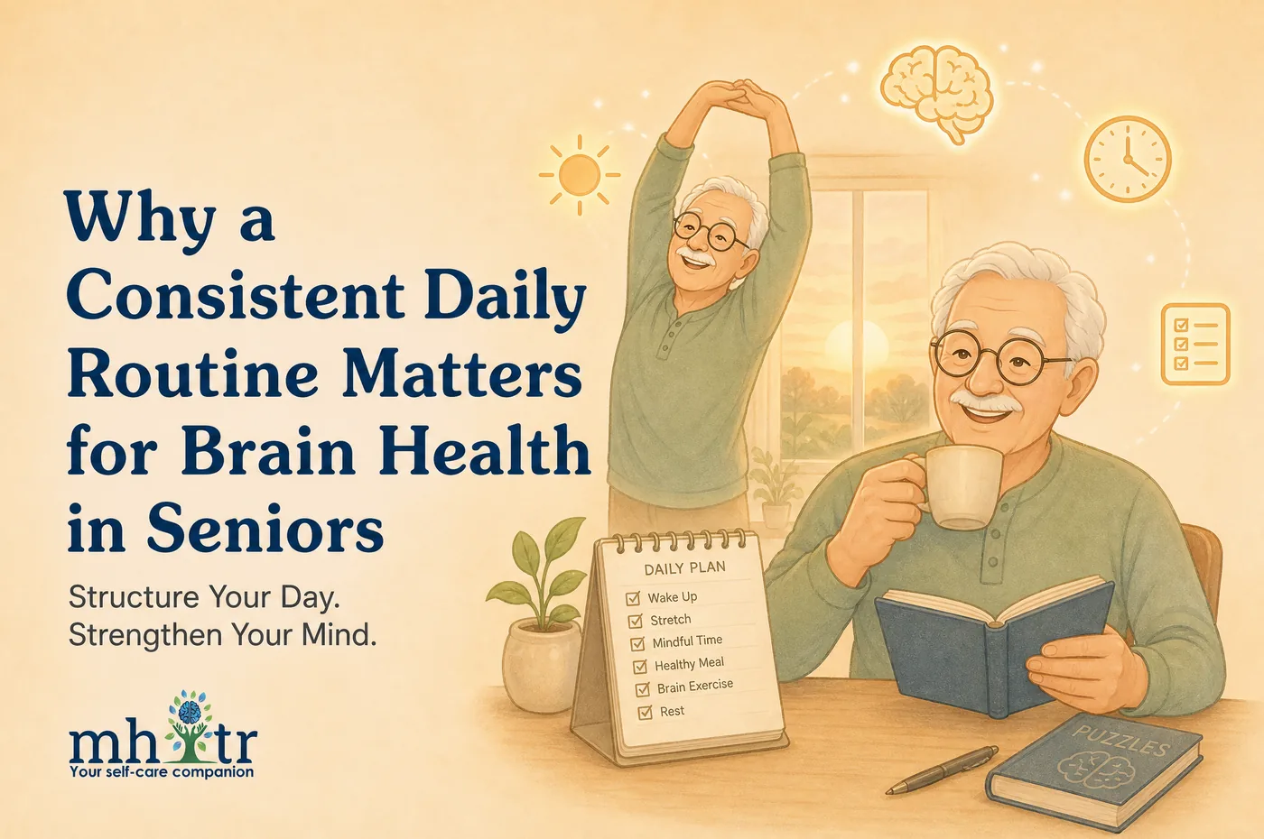 Why a Consistent Daily Routine Matters for Brain Health in Seniors — illustration of a smiling older man stretching and another reading with a cup of tea beside a daily plan checklist