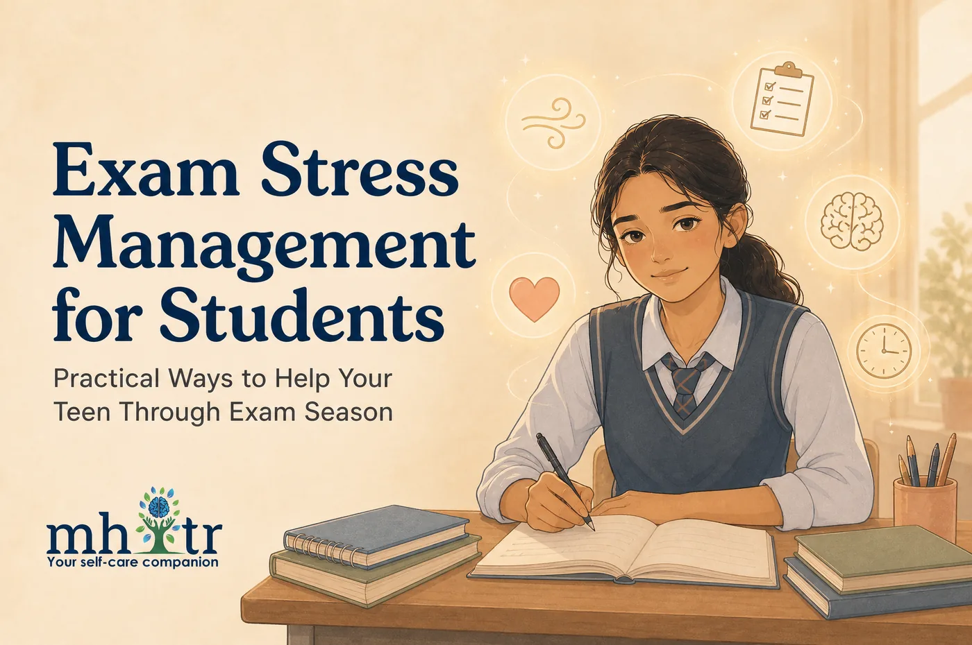 Illustration of a teenage student in school uniform writing in a notebook at a desk of books, ringed by icons for calm breathing, a study checklist, the brain and the clock — exam stress management for students — MHITR article