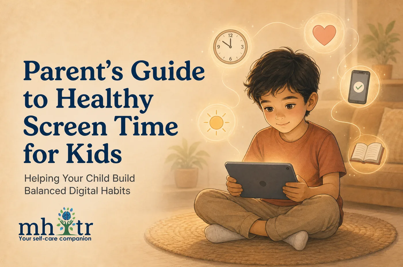 Parent's Guide to Healthy Screen Time for Kids: Helping Your Child Build Balanced Digital Habits — illustration of a young boy sitting cross-legged with a tablet, surrounded by clock, sun, book and phone icons