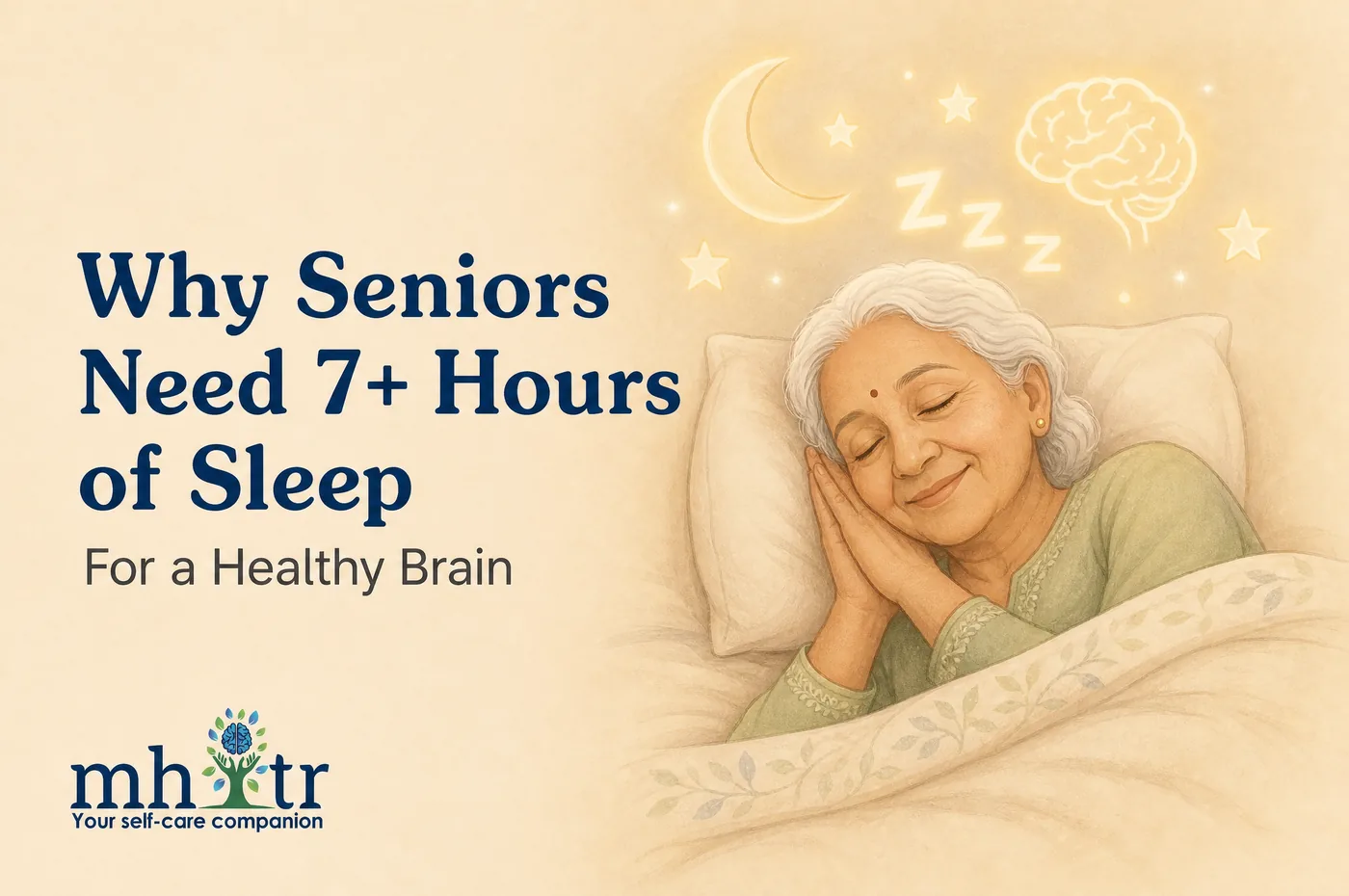 Why Seniors Need 7+ Hours of Sleep for a Healthy Brain — illustration of an older woman sleeping peacefully with her hands tucked under her cheek, under a crescent moon and stars