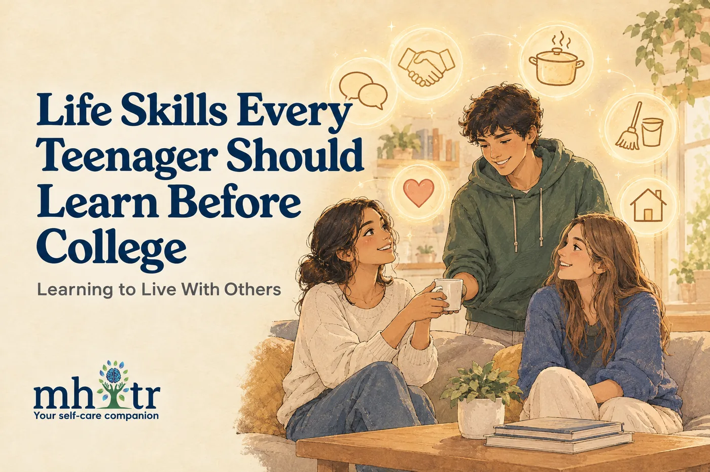 Life Skills Every Teenager Should Learn Before College: Learning to Live With Others — illustration of three teenagers sharing a sofa as one hands another a mug, with icons for conversation, a handshake, a cooking pot, a broom and bucket, a heart and a home