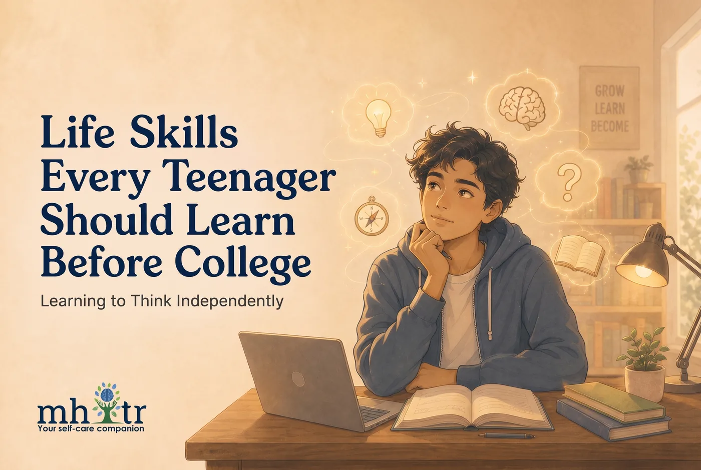 Life Skills Every Teenager Should Learn Before College — illustration of a teenage boy at a study desk with a laptop and open book, thought bubbles showing a lightbulb, brain, compass and question mark