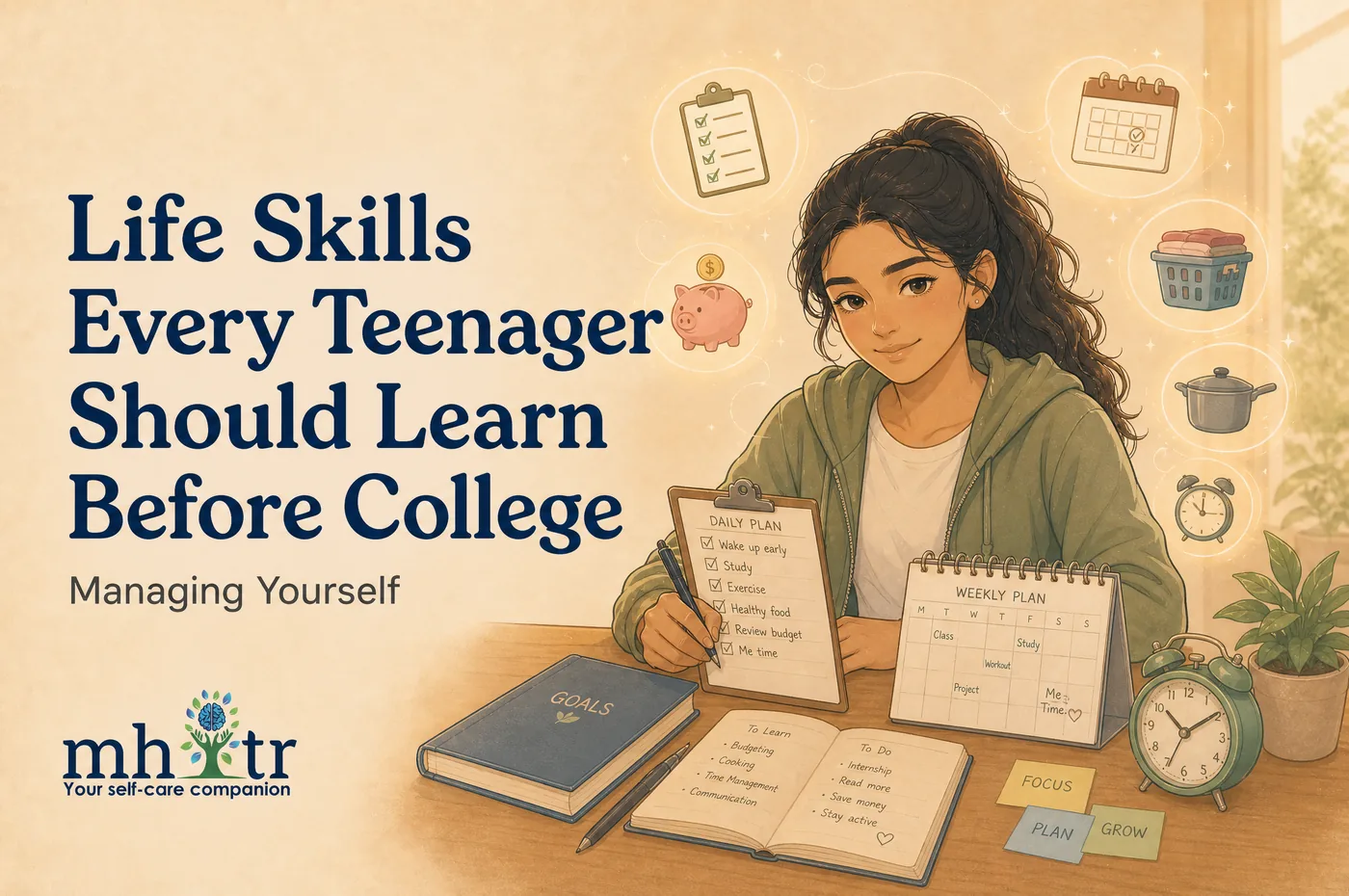 Life Skills Every Teenager Should Learn Before College: Managing Yourself — illustration of a teenage girl at a desk ticking off a daily plan beside a weekly planner, goals notebook and alarm clock, with icons for a checklist, calendar, piggy bank, laundry basket and cooking pot