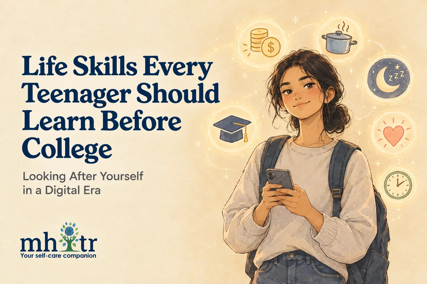 Life Skills Every Teenager Should Learn Before College: Looking After Yourself in a Digital Era — illustration of a teenage girl with a backpack holding a smartphone, surrounded by icons for money, a cooking pot, sleep, a heart, a clock and a graduation cap