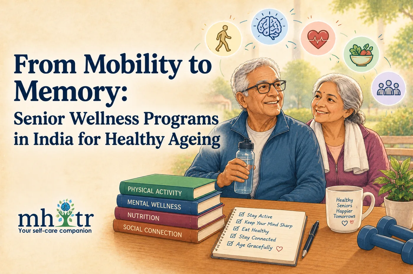 From Mobility to Memory: Senior Wellness Programs in India for Healthy Ageing — illustration of a smiling older couple outdoors after exercise, with books on physical activity, mental wellness, nutrition and social connection and a checklist to stay active and connected
