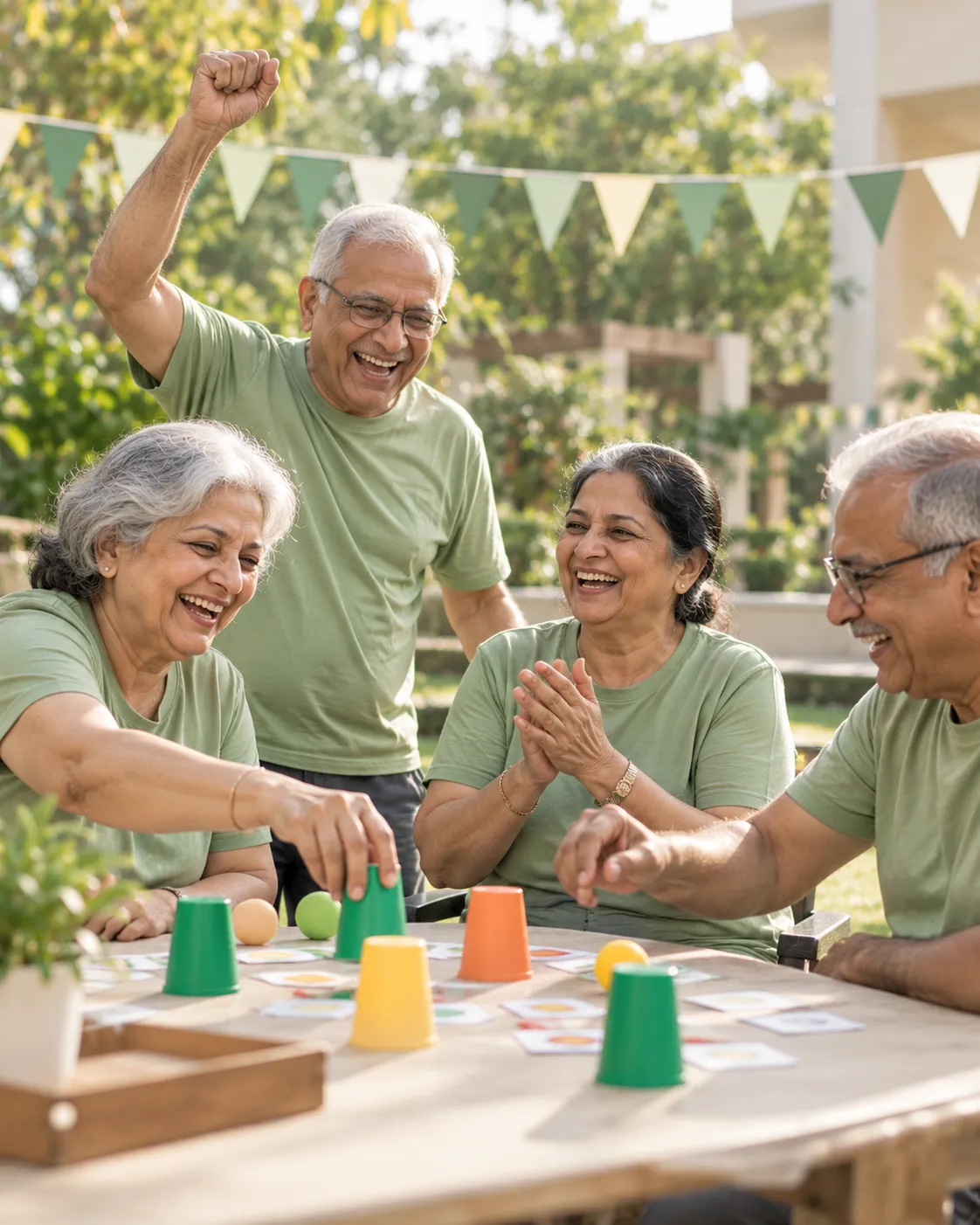 Team of seniors in matching green T-shirts laughing and cheering while playing cup and card brain games at an outdoor table
