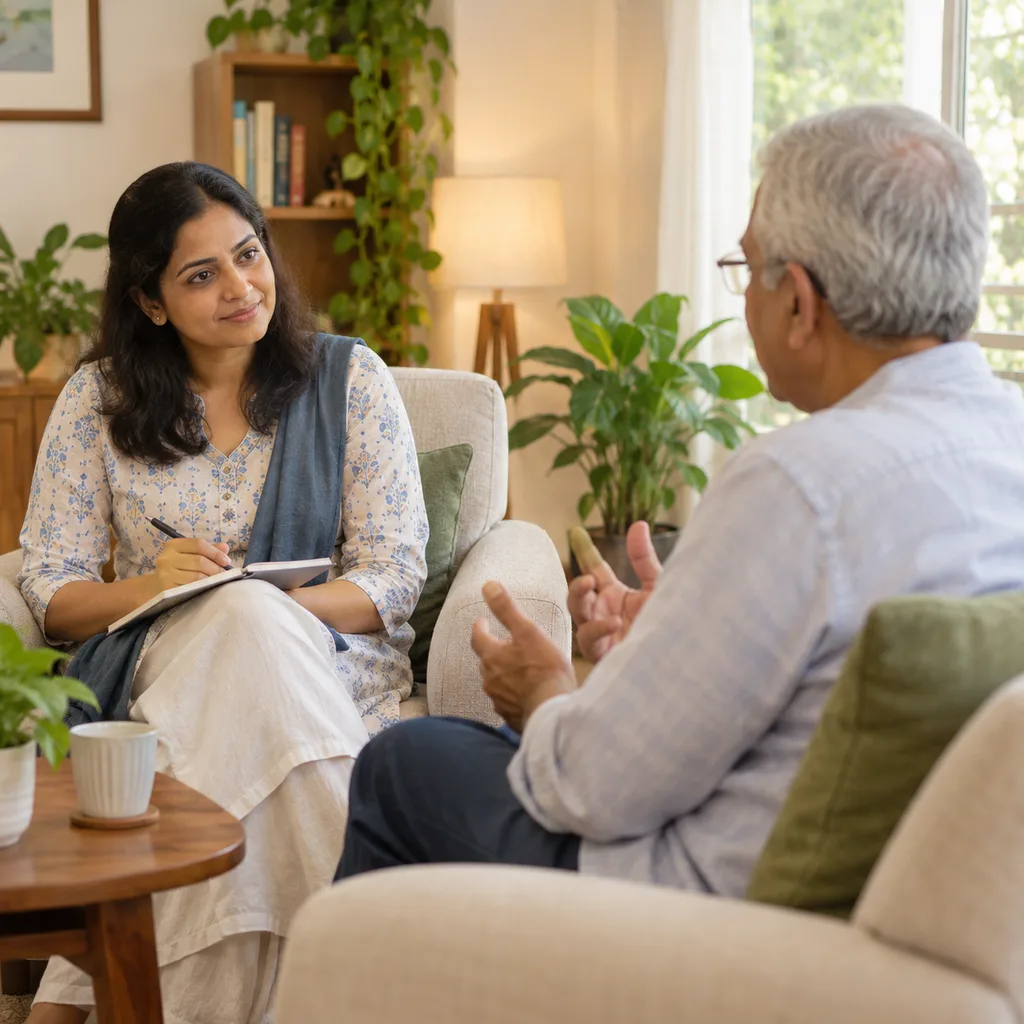 Indian psychologist listening to a senior client during a calm one-to-one therapy session