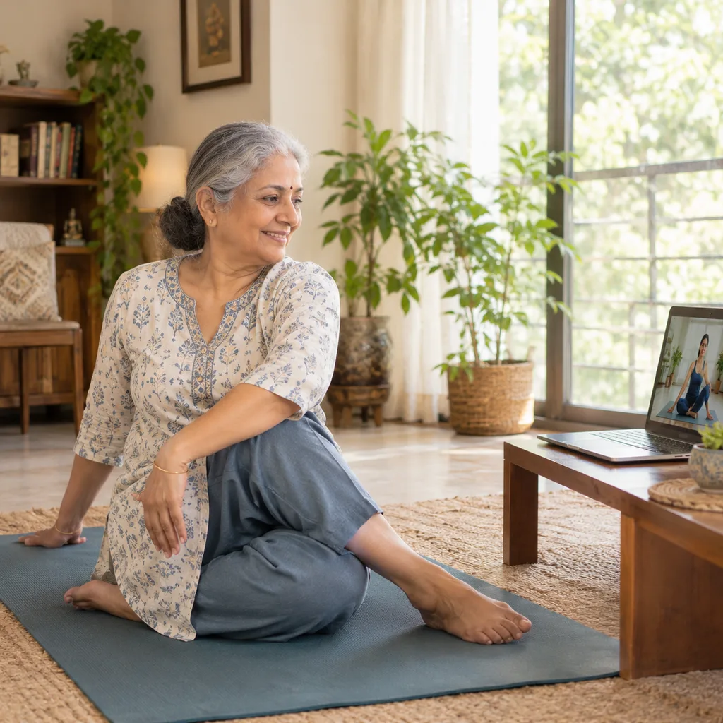Senior Indian woman on a yoga mat at home following a live Vayofit online class on her laptop