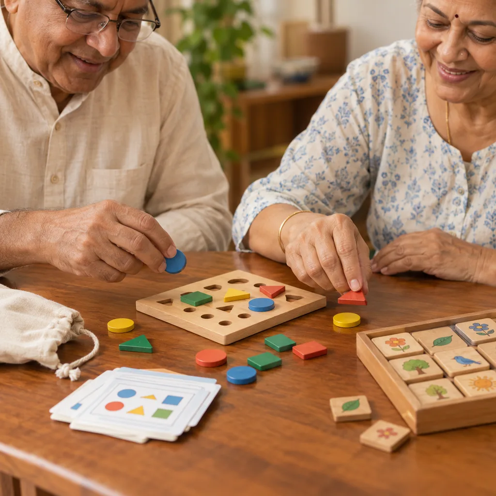 Older adults' hands arranging wooden memory tiles and puzzle pieces from the screen-free Vayofit Wellness Kit