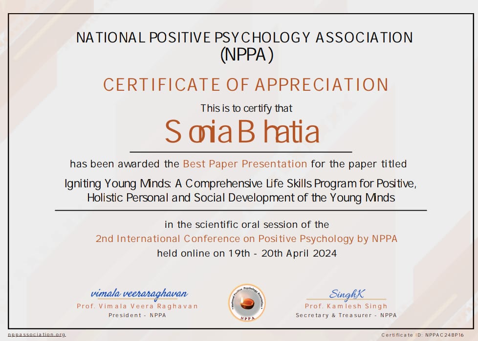 Certificate of Appreciation from the 2nd International Conference on Positive Psychology, NPPA 2024