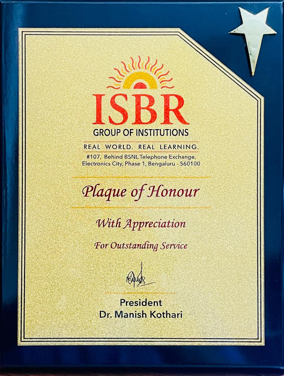 Plaque of Honour presented to MHITR by ISBR Group of Institutions
