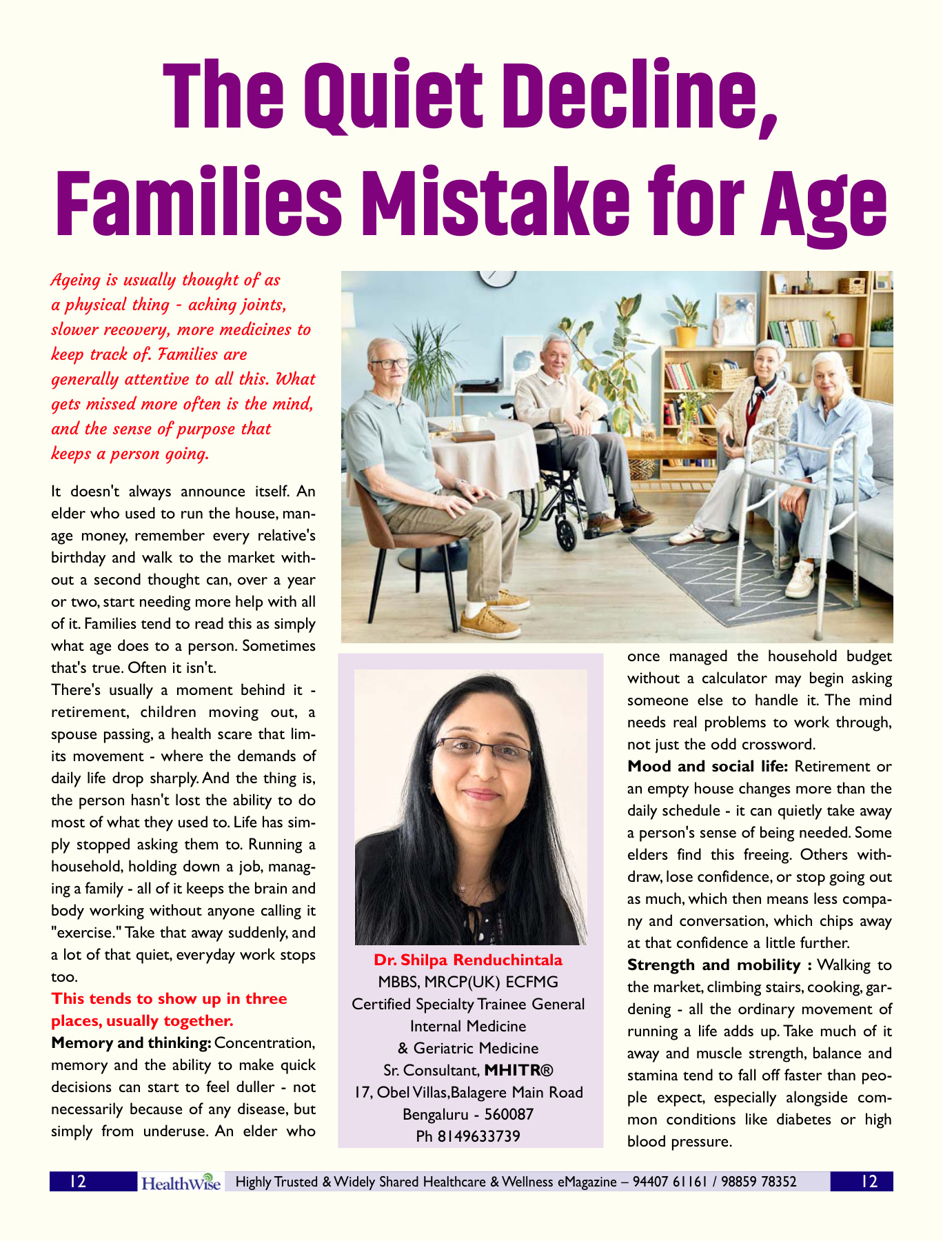 Health Wise magazine article by Dr. Shilpa Renduchintala on healthy ageing and cognitive engagement, featuring MHITR