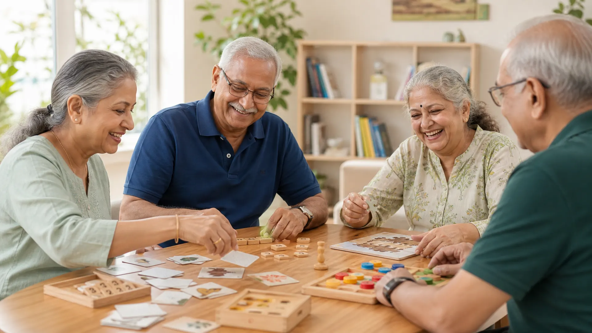 Four older adults seated around a table playing wooden Vayofit Wellness Kit games together